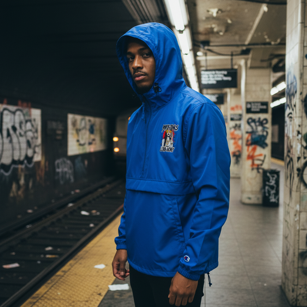 Person wearing 631 Gallery × Champion packable jacket with Paper Trails Loud Money embroidery subway station, streetwear lifestyle photography