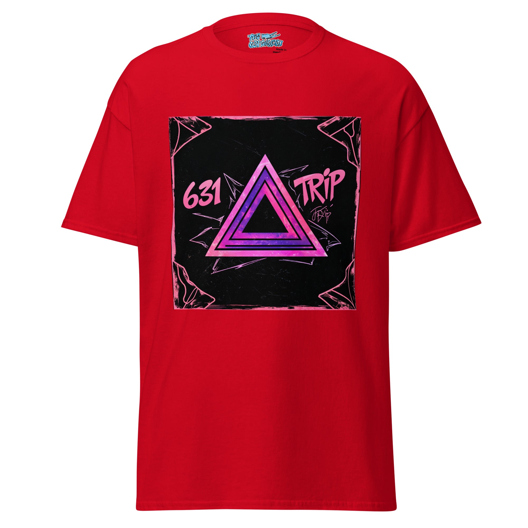 Purple Trip 631 Tee with a minimalist design and purple triangle graphic, perfect for those who embrace cosmic streetwear and local pride.