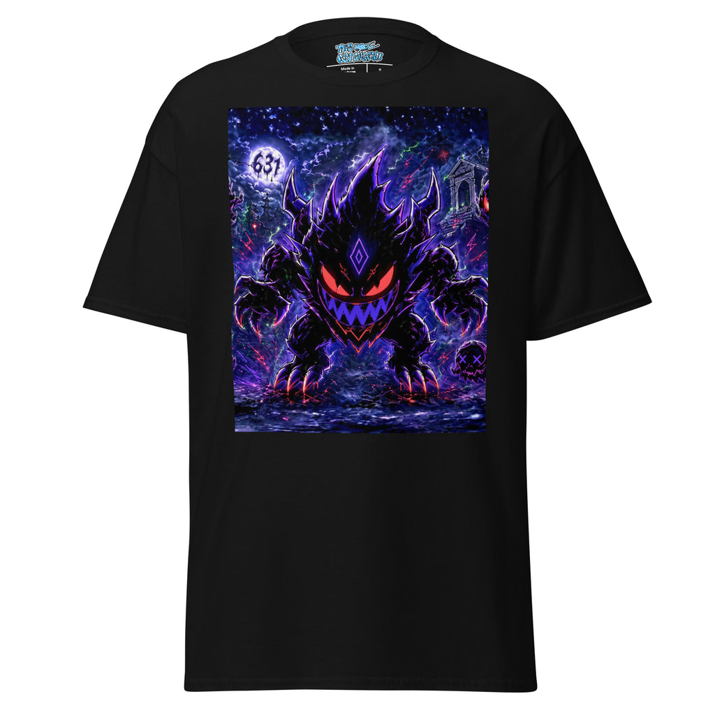 A black short-sleeve t-shirt with a large graphic print of a dark, glowing monster with purple and red details on the front, set against a plain white background.