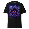 A black short-sleeve t-shirt with a large graphic print of a dark, glowing monster with purple and red details on the front, set against a plain white background.