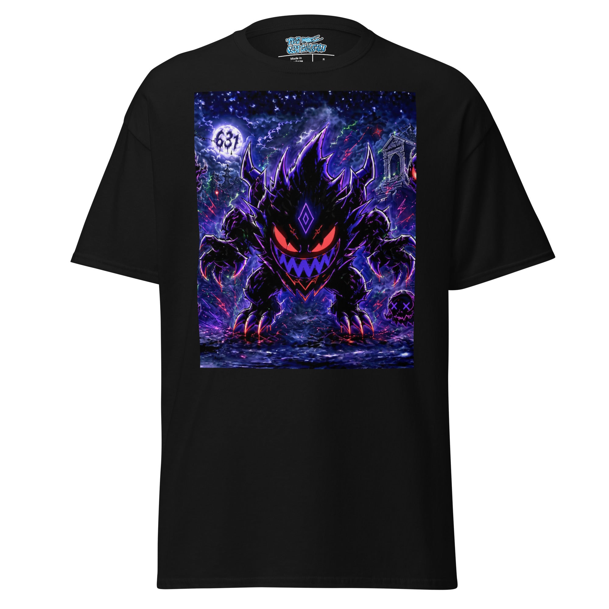 A black short-sleeve t-shirt with a large graphic print of a dark, glowing monster with purple and red details on the front, set against a plain white background.