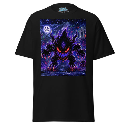 A black short-sleeve t-shirt with a large graphic print of a dark, glowing monster with purple and red details on the front, set against a plain white background.