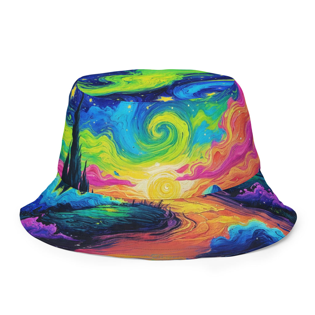 Psychedelic Nights reversible bucket hat with vibrant trippy pattern, all-over print streetwear accessory