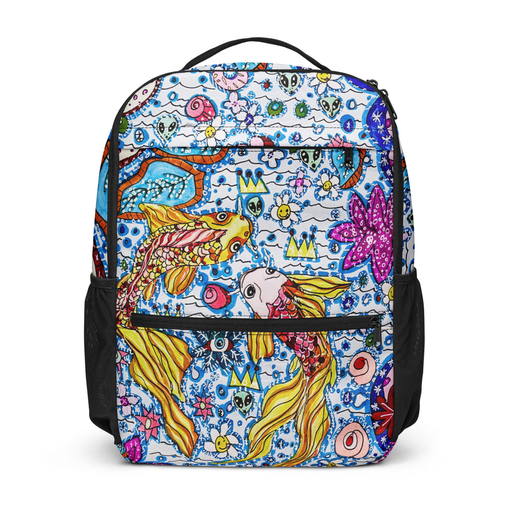 Yuh and MI Utility Backpack - front view showing all-over print design
