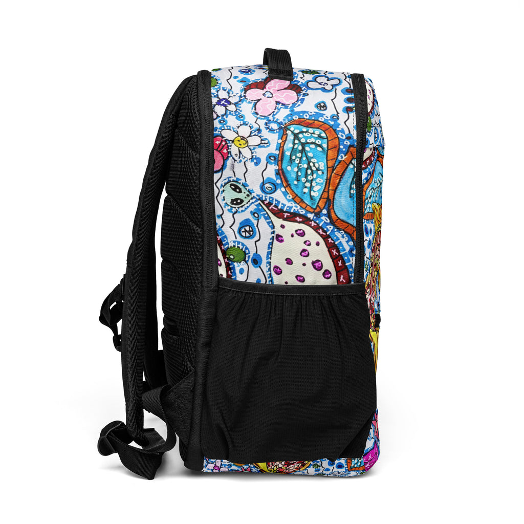 Yuh and MI Utility Backpack - detail shot showing print pattern and pockets
