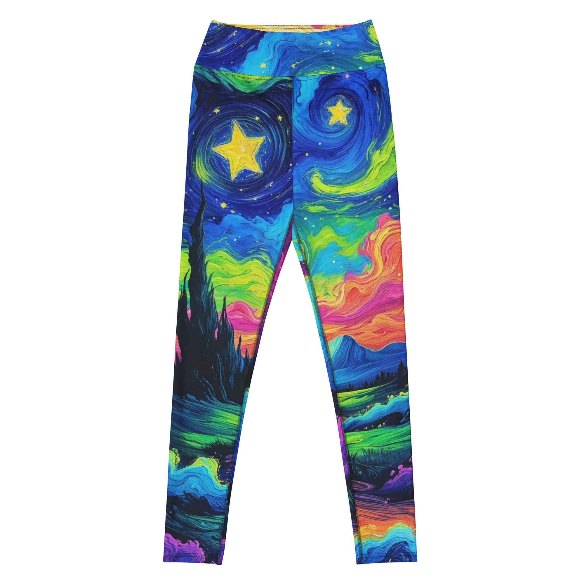 Psychedelic Nights yoga leggings with vibrant trippy pattern, high-waisted activewear front view
