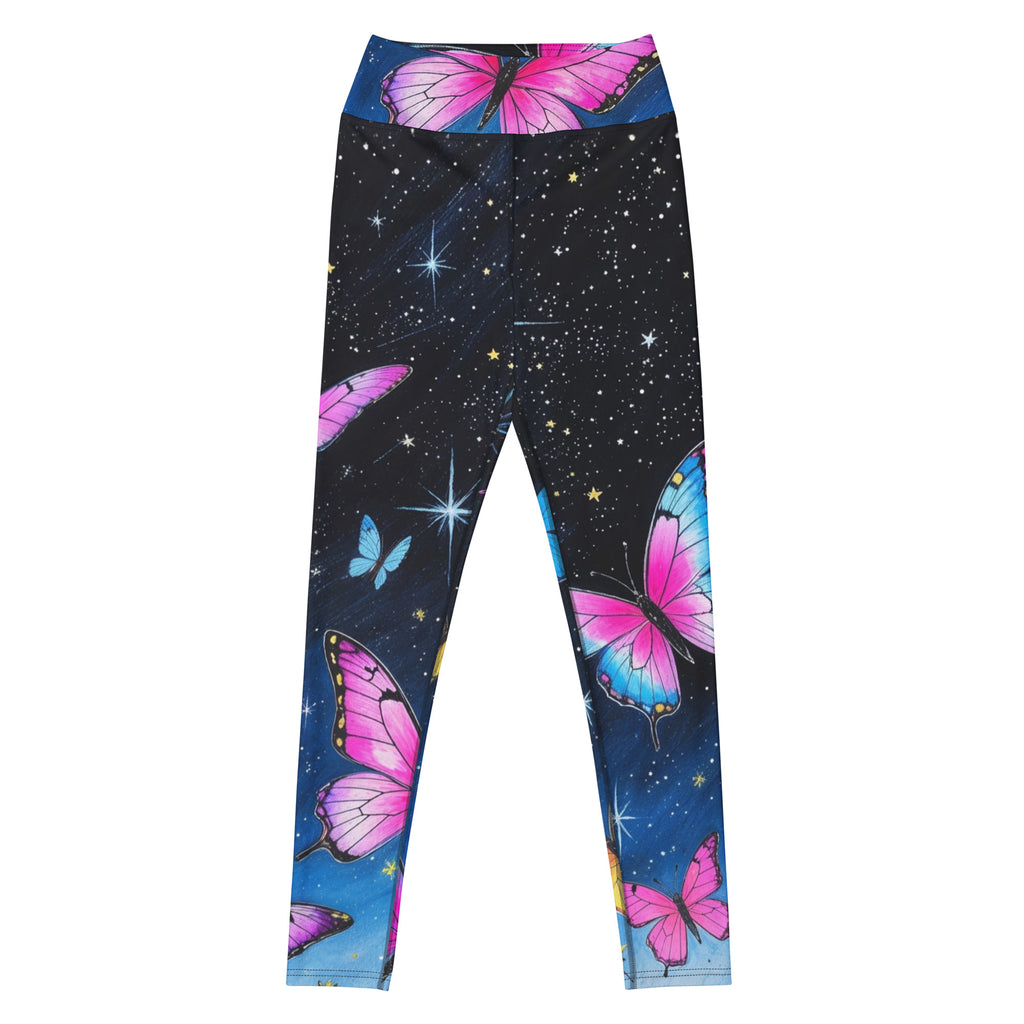 Cosmic Butterflies yoga leggings with butterfly constellation print, high-waisted activewear front view