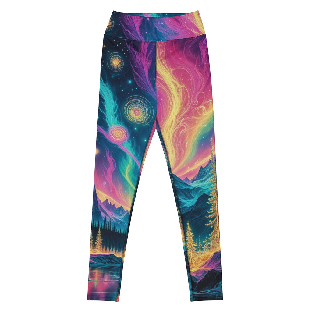 Psychedelic Aura yoga leggings with vibrant colorful pattern, high-waisted activewear front view