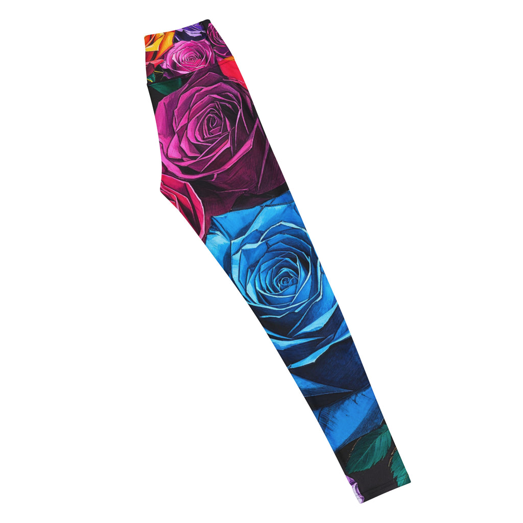 Rose yoga leggings with floral print, four-way stretch activewear side view