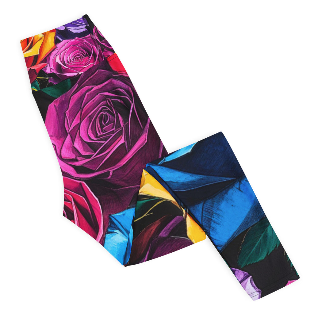 Rose yoga leggings with botanical print design, premium activewear side angle