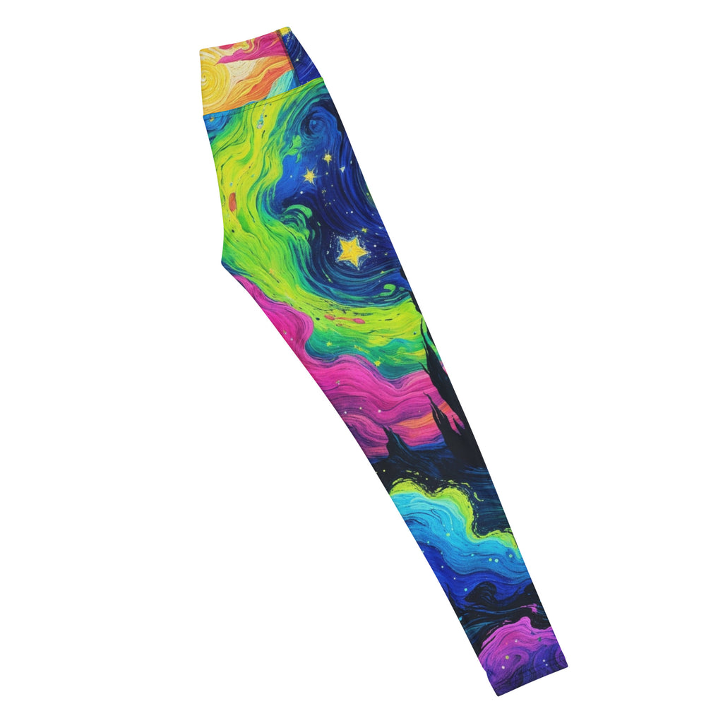 Psychedelic Nights yoga leggings with glow print design, four-way stretch activewear side view