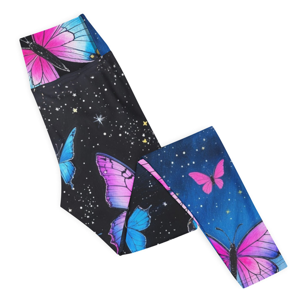 Cosmic Butterflies yoga leggings with cosmic print design, premium activewear side angle