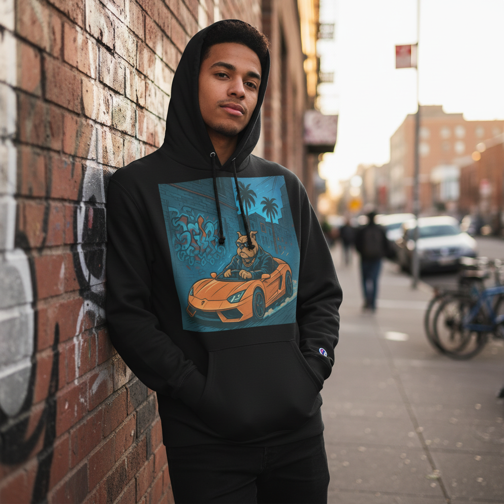 Person wearing a black hoodie with a graphic design of a bulldog driving a sports car, standing against a brick wall on a city street. 