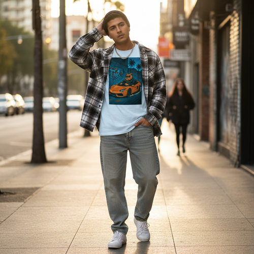 Big Dawgs x The 631 Gallery classic graphic tee with bulldog driving car graphic, worn under plaid shirt