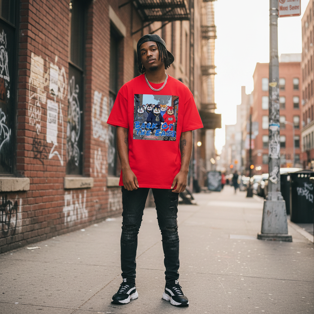 Person wearing Big Dawgs X 631 'Bark of the East' graphic tee in urban street setting with brick wall background