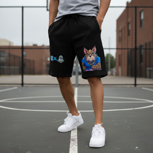 Person wearing Big Dawgs X 631 men's fleece shorts at Long Island basketball court, athletic streetwear lifestyle photography