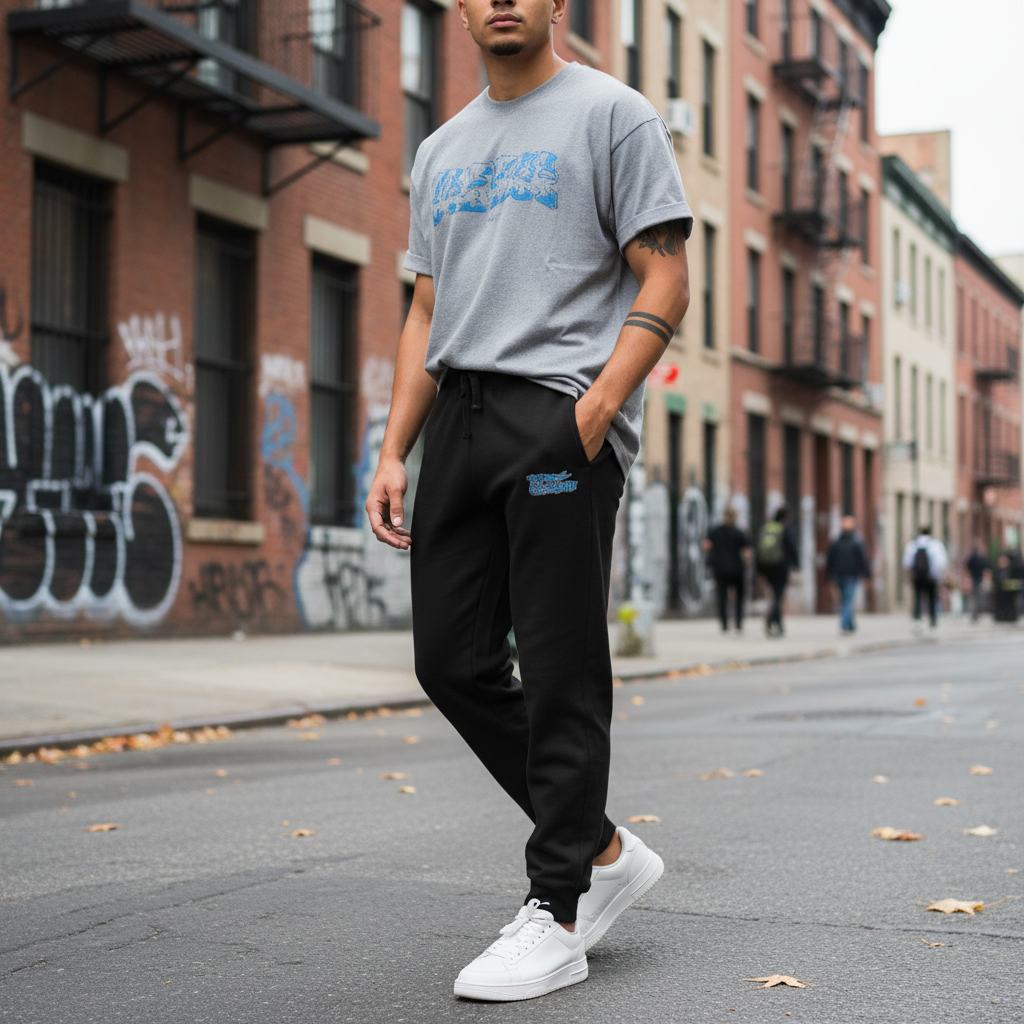 Person wearing The 631 Gallery black fleece sweatpants in urban street setting, casual streetwear photography