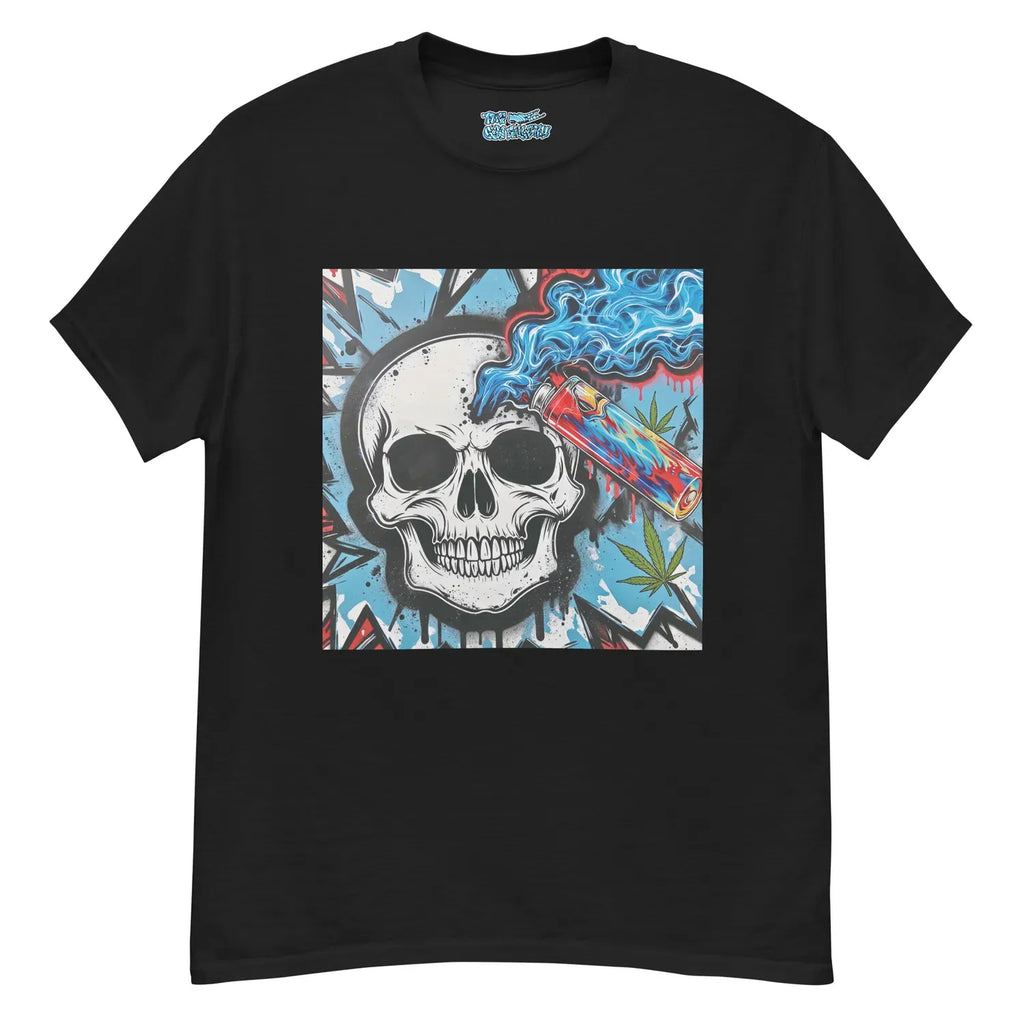 Blaze & Bones Tee with a fiery skull and cannabis graphic, blending bold art and attitude for a standout streetwear look.
