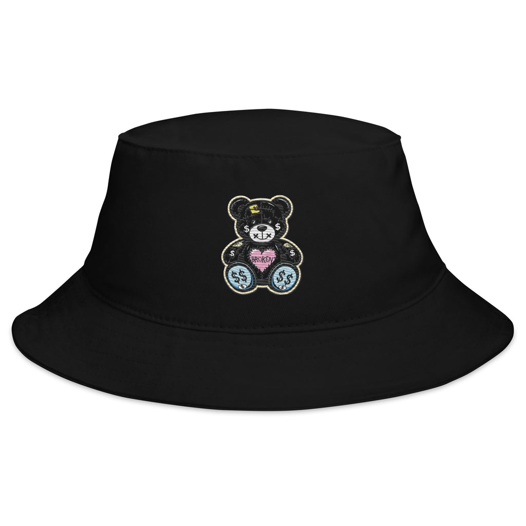 Heartbreak Bear bucket hat in black with embroidered bear graphic, unisex streetwear hat