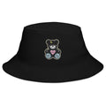 Heartbreak Bear bucket hat in black with embroidered bear graphic, unisex streetwear hat