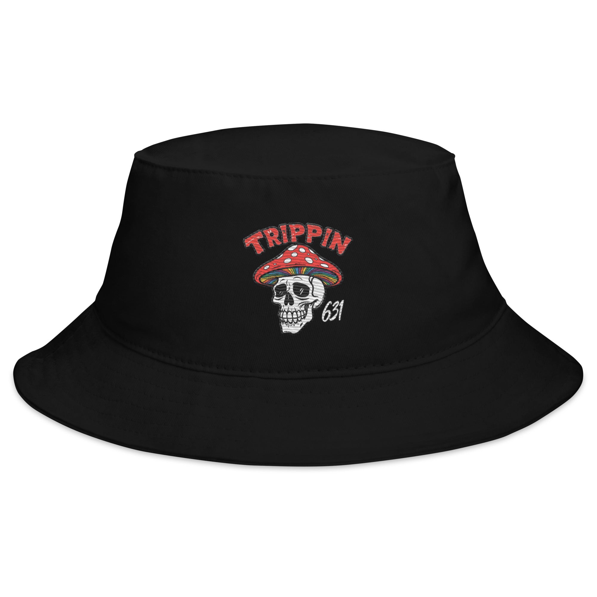 Trippin bucket hat in black with graphic design, unisex streetwear accessory