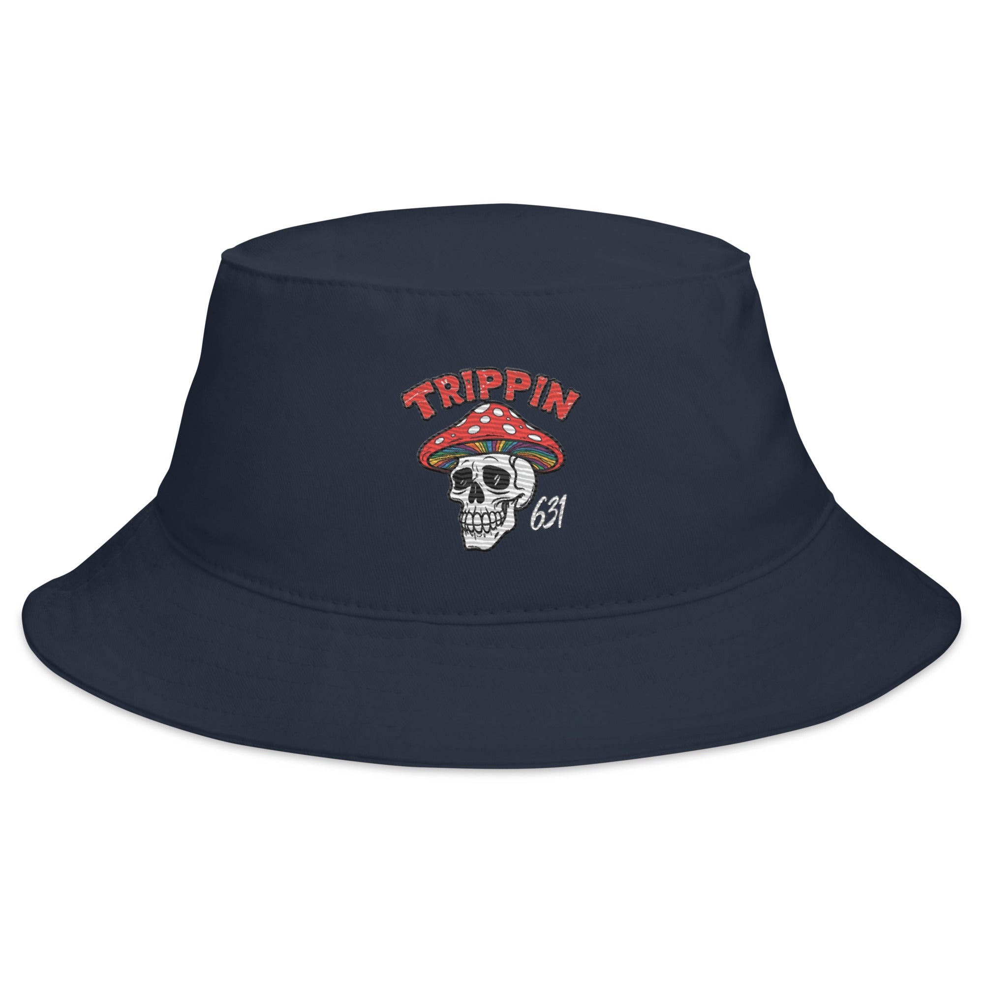 Trippin bucket hat in navy blue with graphic design, casual streetwear hat