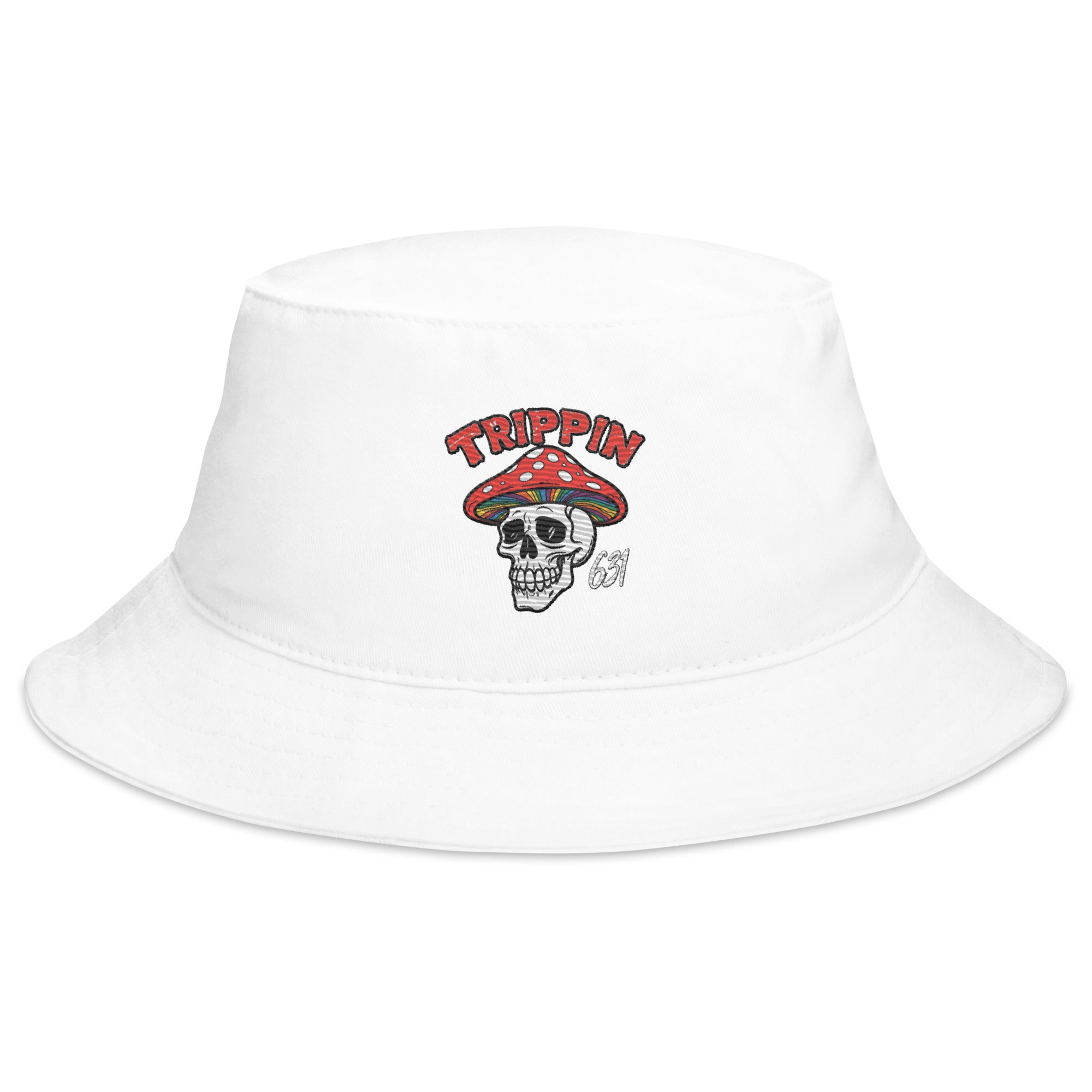 Trippin bucket hat in white with graphic design, summer streetwear accessory