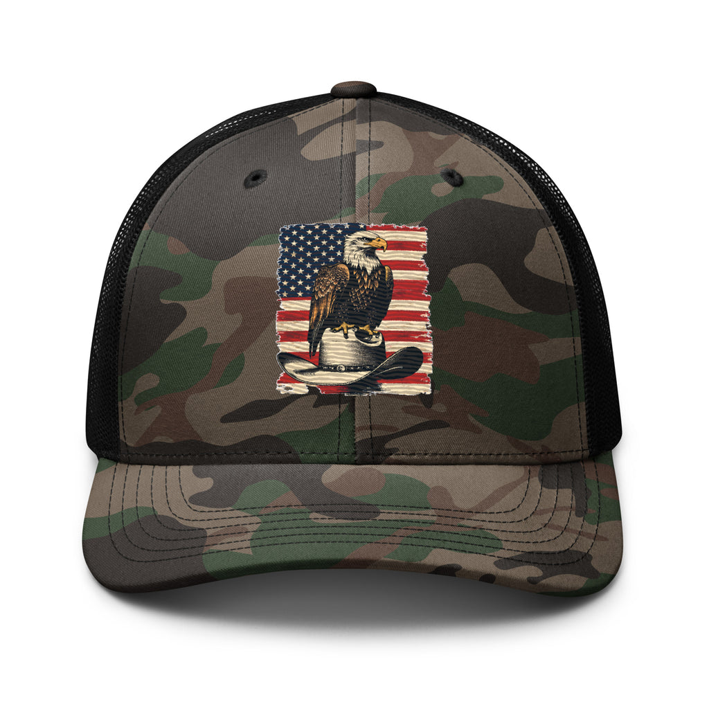 Freedom Flight camo trucker hat in camo with black mesh back, eagle and flag design front view