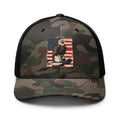Freedom Flight camo trucker hat in camo with black mesh back, eagle and flag design front view