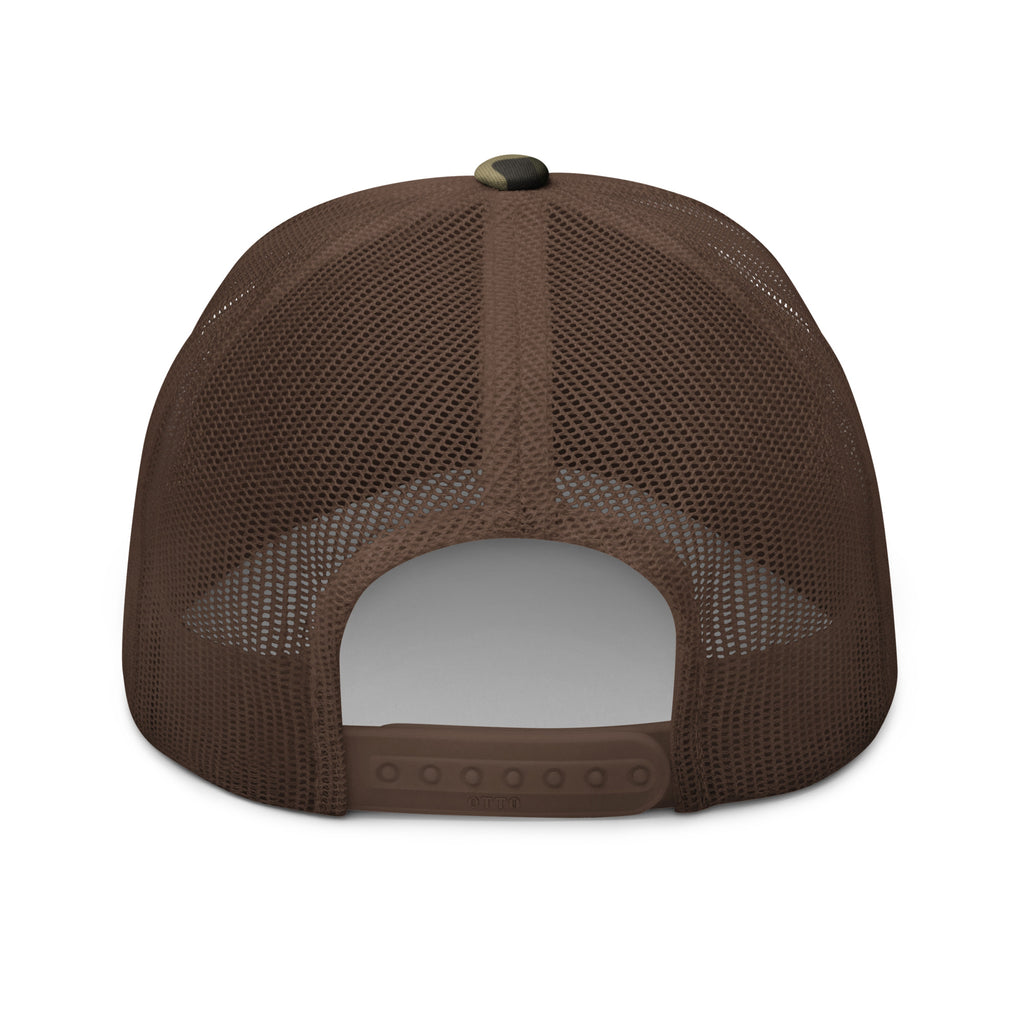 Freedom Flight camo trucker hat in camo with brown mesh back, snapback closure rear view