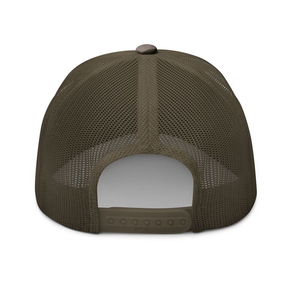Freedom Flight camo trucker hat in camo with olive mesh back, adjustable fit rear view
