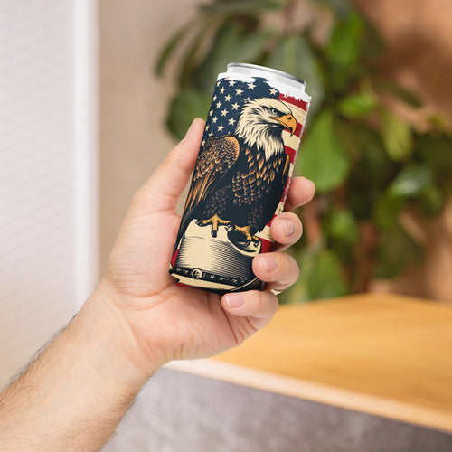 can cooler featuring American  flag an eagle slim