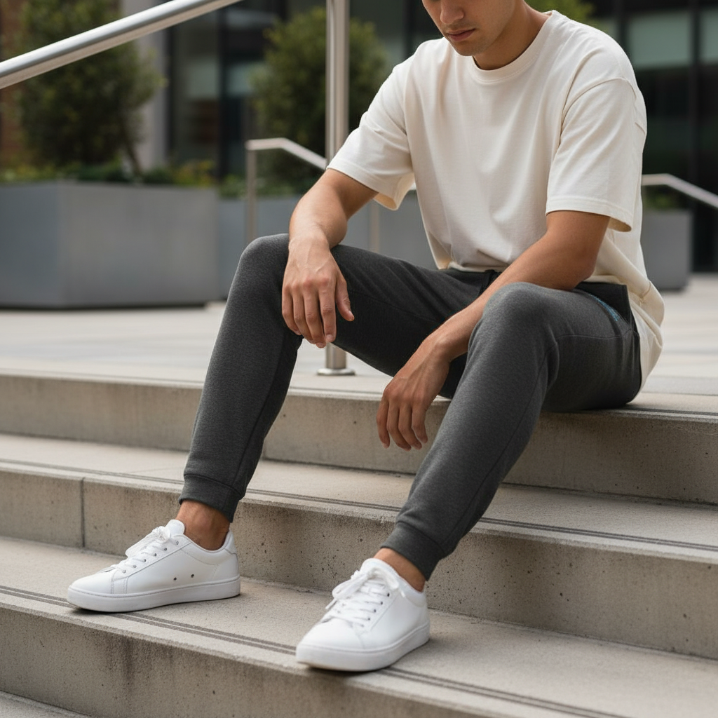 Person wearing The 631 Gallery charcoal fleece sweatpants on steps, casual lifestyle photography