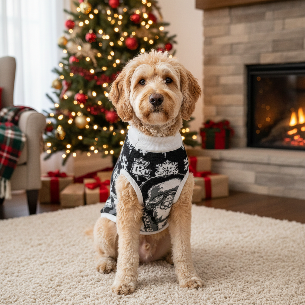 Dog wearing custom Christmas pet sweater, festive holiday pet photography