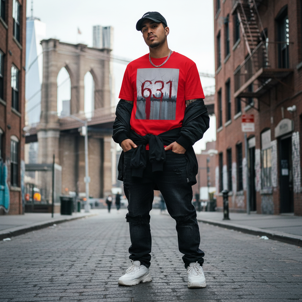 City Stained 631 red graphic tee with NYC skyline print, styled in urban street setting