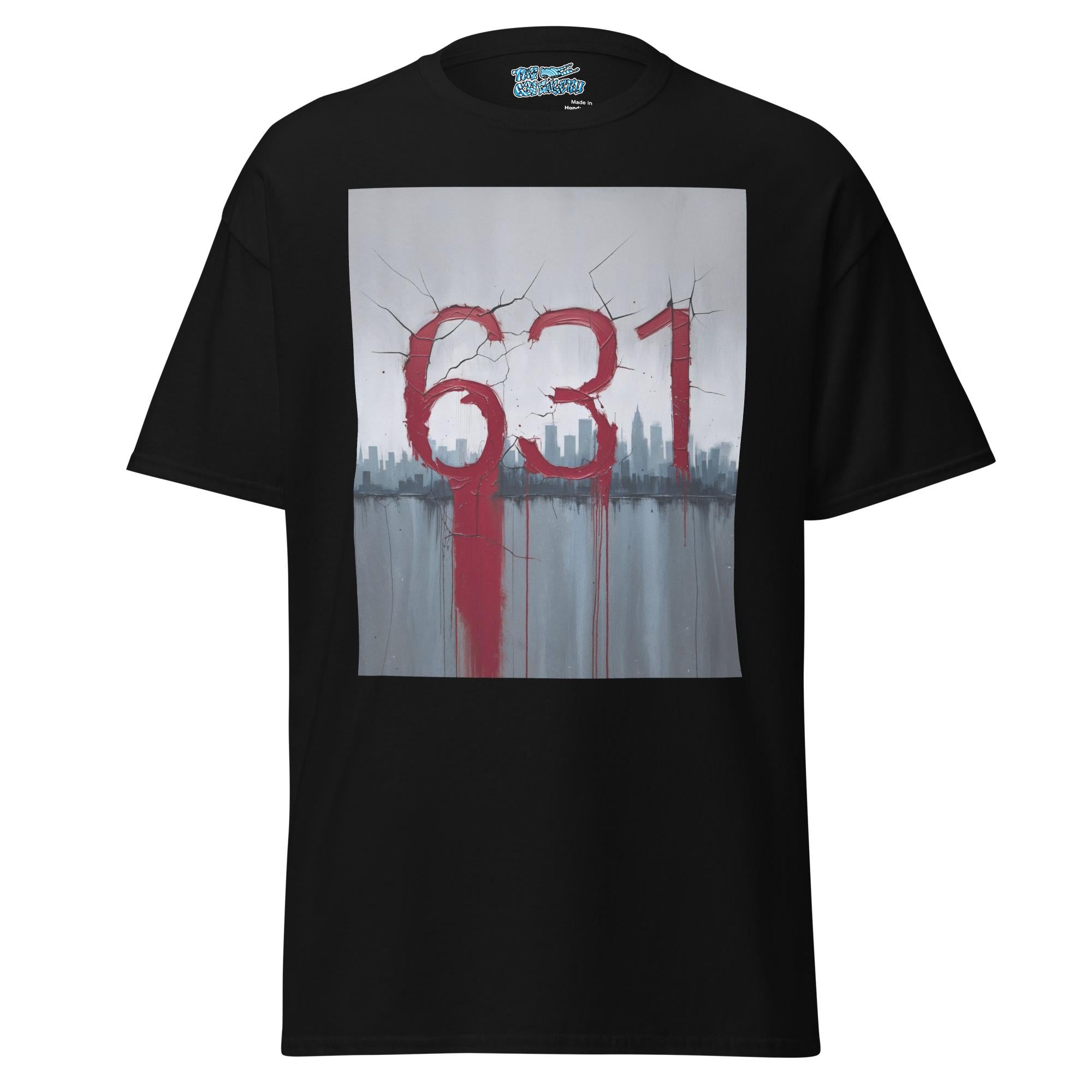City Stained 631 Tee with a vintage NYC design and bold red “631” paint smudge, perfect for those repping Long Island and urban streetwear style.