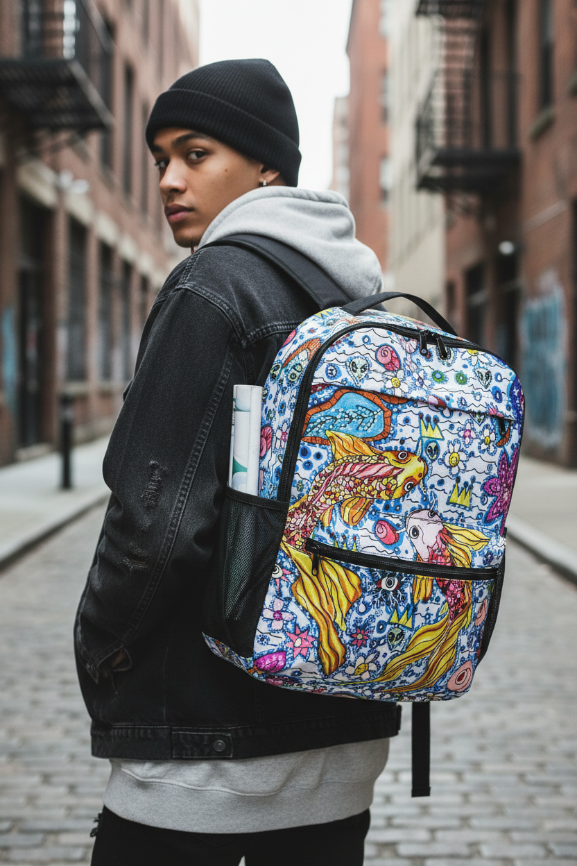 Close-up lifestyle shot of Yuh and MI Utility Backpack showing bold all-over print design
