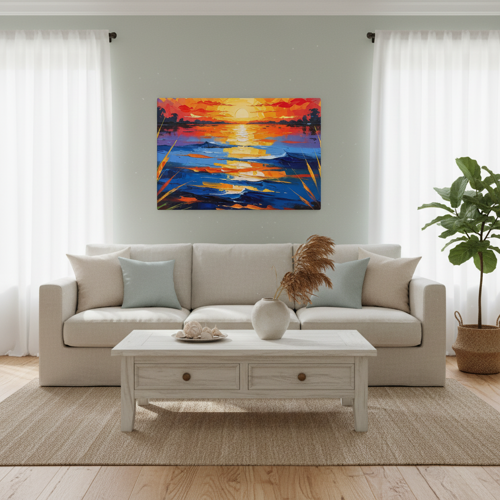 Living room with a beige sofa, white coffee table, and colorful painting on the wall. Coastal Haze canvas art displayed in bright coastal-themed bedroom