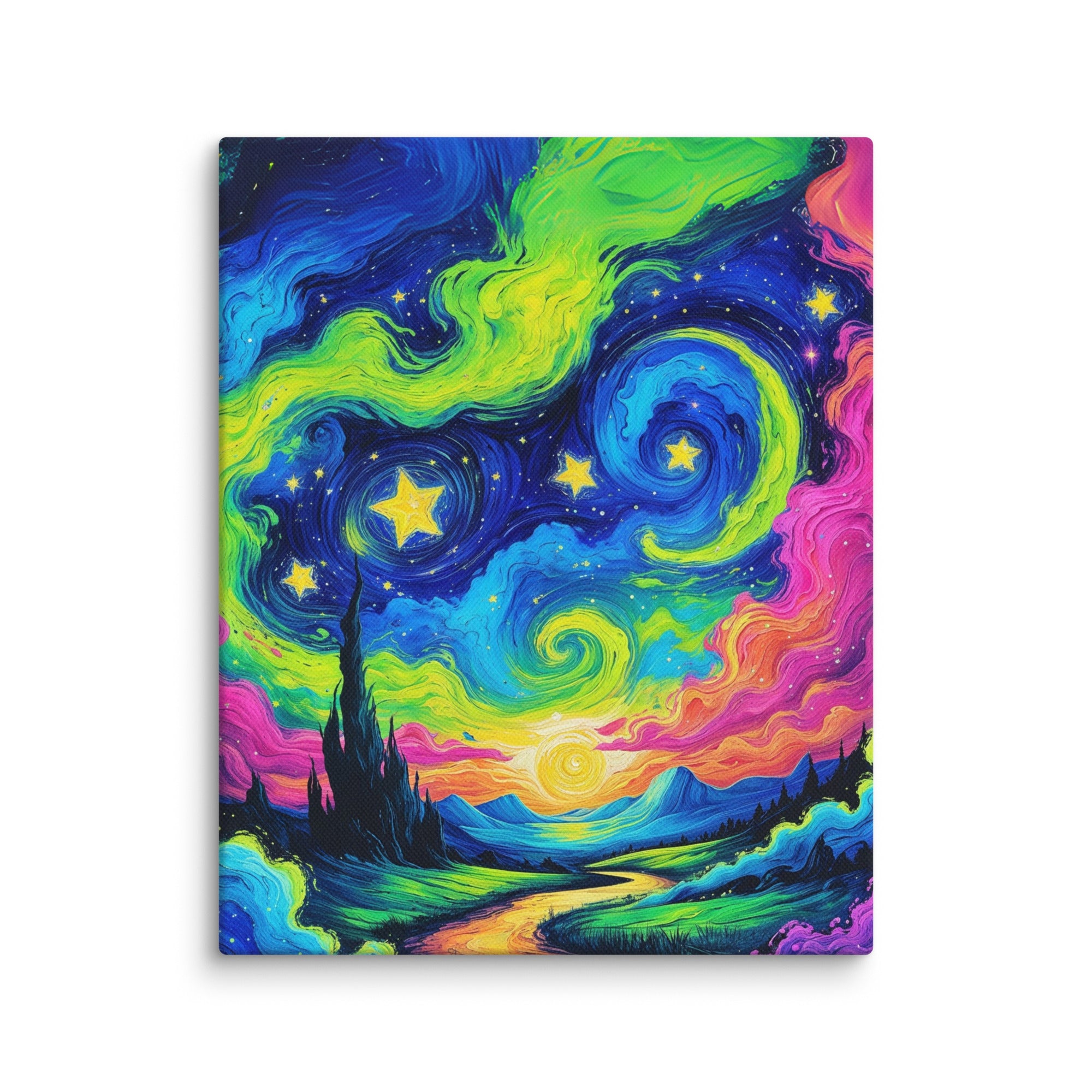 Mystic Skies canvas art with a psychedelic starry night design, vivid colors, and cosmic vibes, perfect for adding energy to any room.
