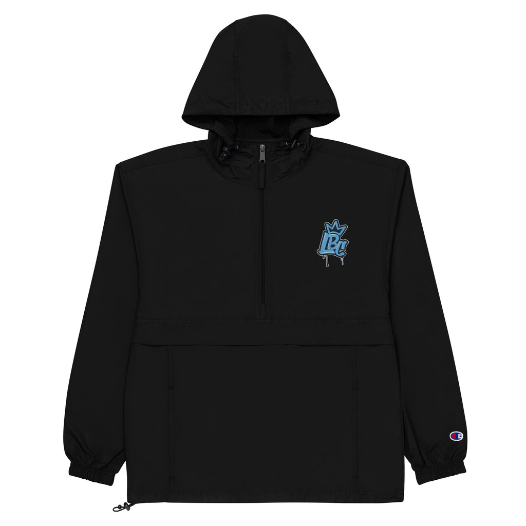 Embroidered LBC × Champion packable jacket in black, lightweight windbreaker with embroidered logo