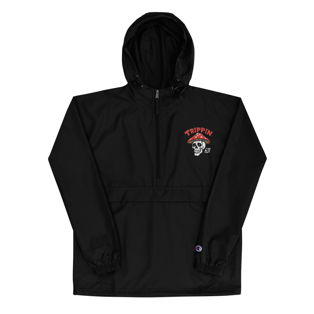 631 Gallery × Champion packable jacket in black with Trippin embroidery, packable pouch jacket