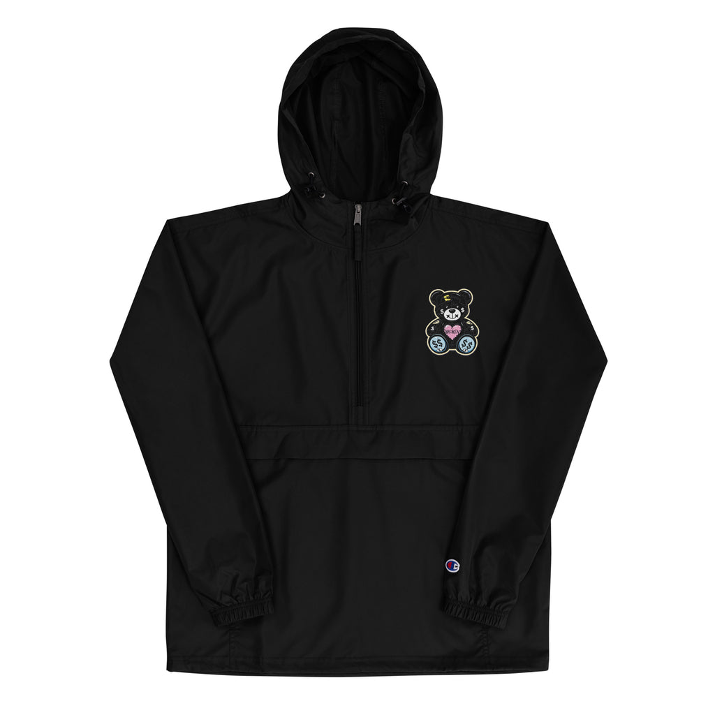 631 Gallery × Champion packable jacket in black with Heartbreak Bear embroidery, lightweight streetwear