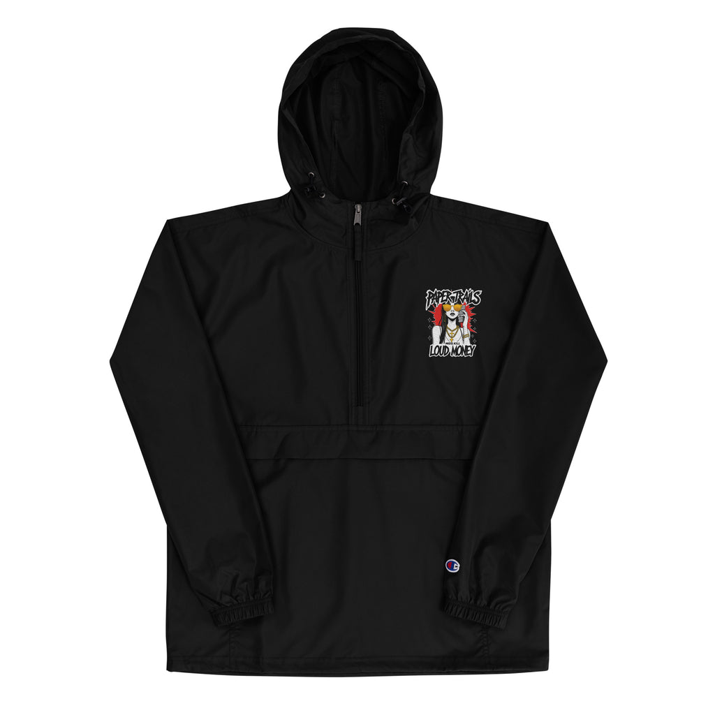 The 631 Gallery × Champion packable jacket in black, lightweight windbreaker with Paper Trails money graphic embroidery