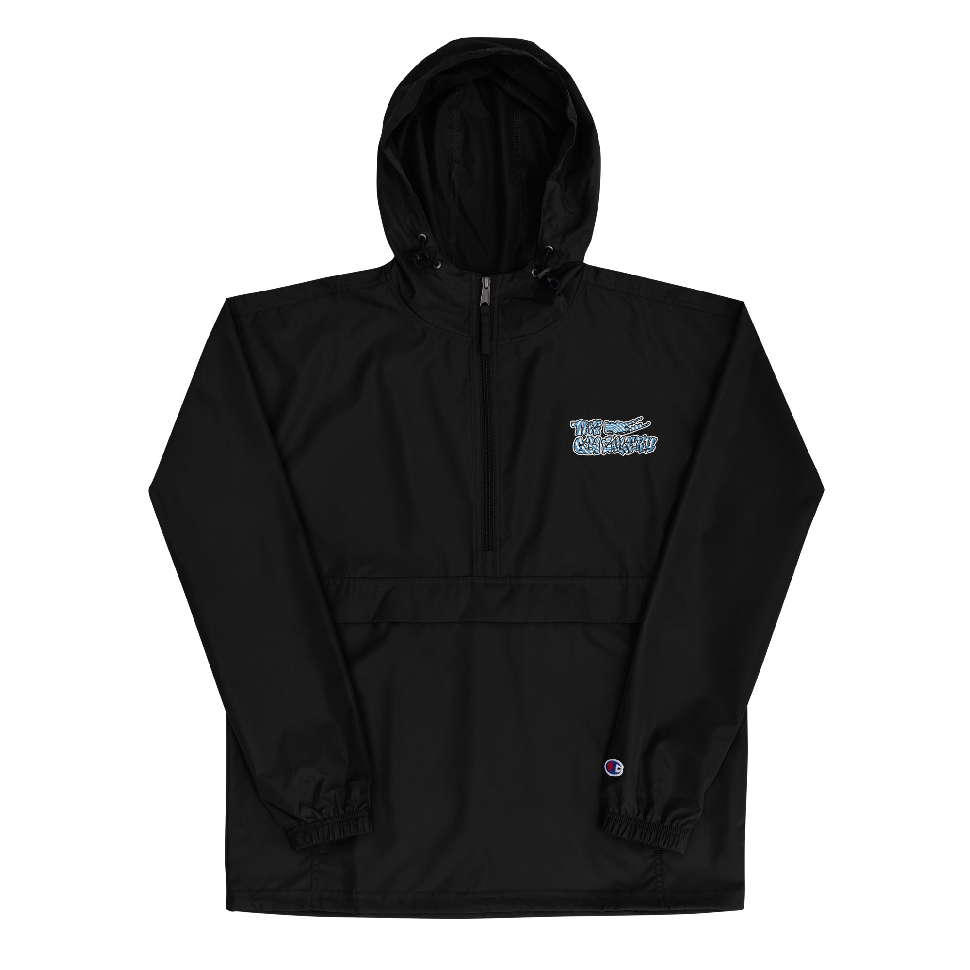 The 631 Gallery × Champion packable jacket in black with embroidery, rain-resistant packable jacket