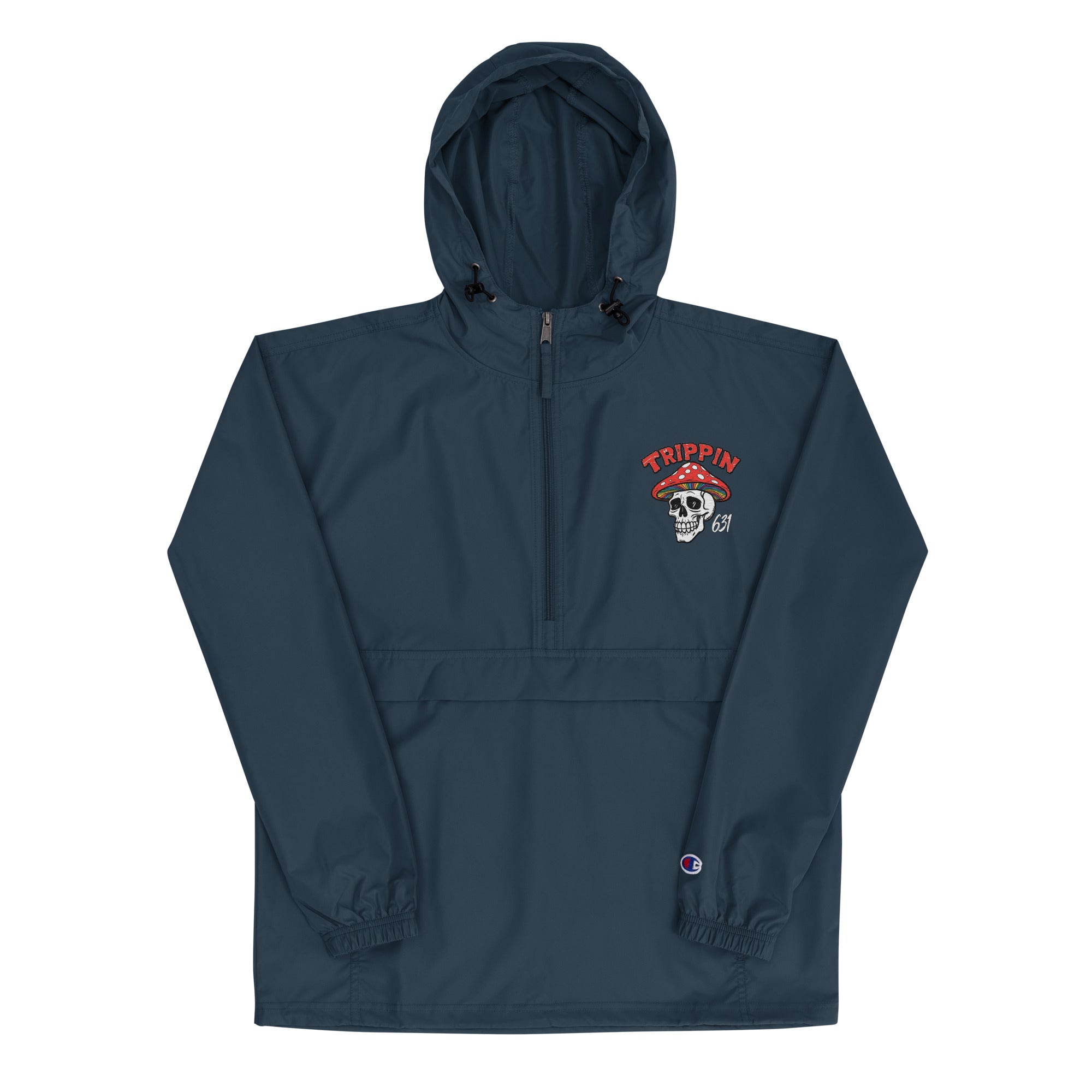 The 631 Gallery × Champion packable jacket in navy, lightweight windbreaker with Trippin skull design