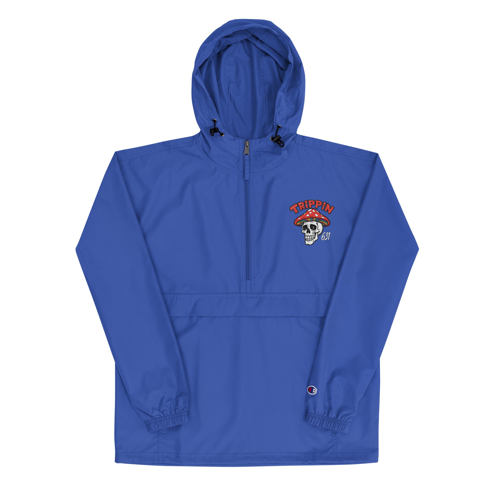 The 631 Gallery × Champion packable jacket in royal blue, lightweight windbreaker with Trippin skull embroidery