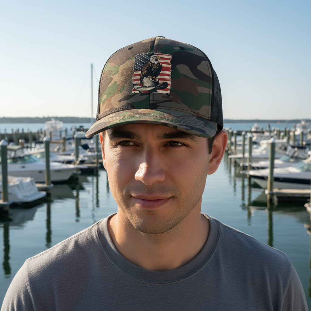 Person wearing Freedom Flight camo trucker hat at Long Island marina, outdoor lifestyle photography with waterfront and boats