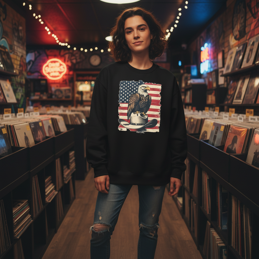 Person wearing Freedom Flight oversized sweatshirt in Long Island record store, casual streetwear lifestyle photography