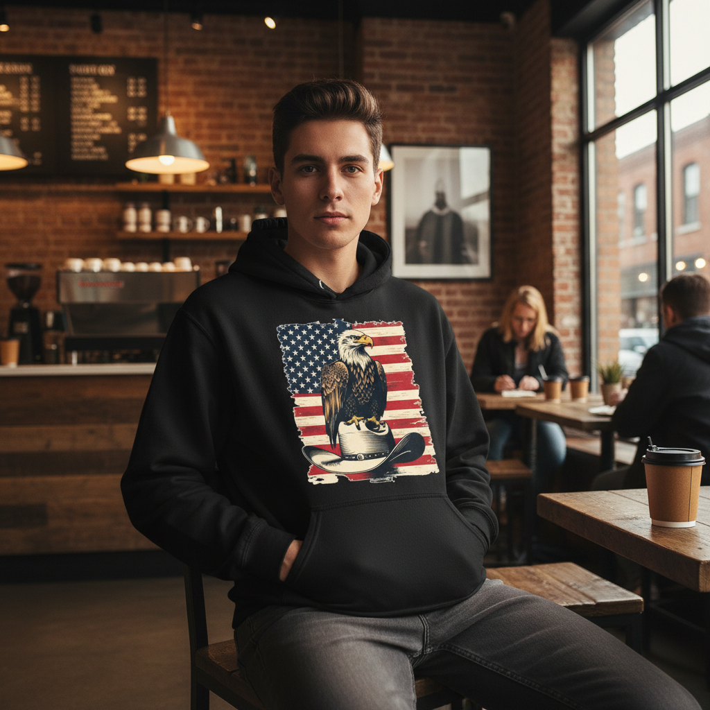 Person wearing Freedom Flight premium hoodie in Long Island coffee shop, casual streetwear lifestyle photography