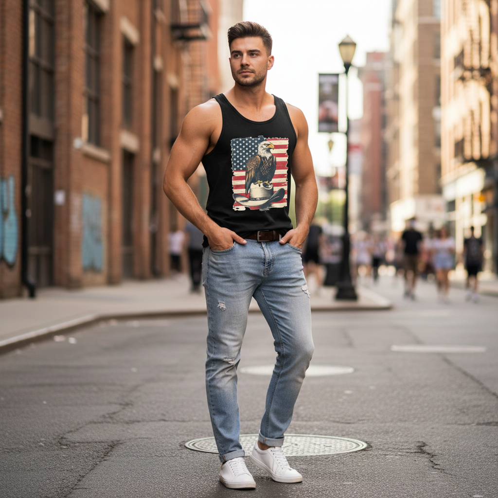 Person wearing Freedom Flight Premium Tank Top in black with Americana eagle and flag design, casual summer streetwear lifestyle photography